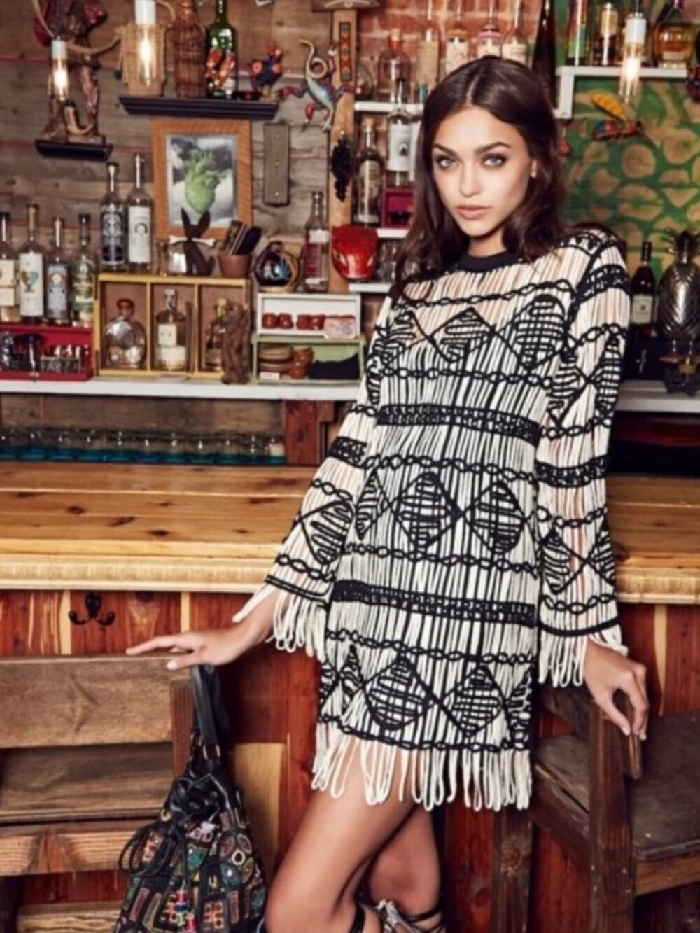 Nicole Miller Artelier Fringe Boho Crochet Black/Ivory Sheath Dress Size Medium